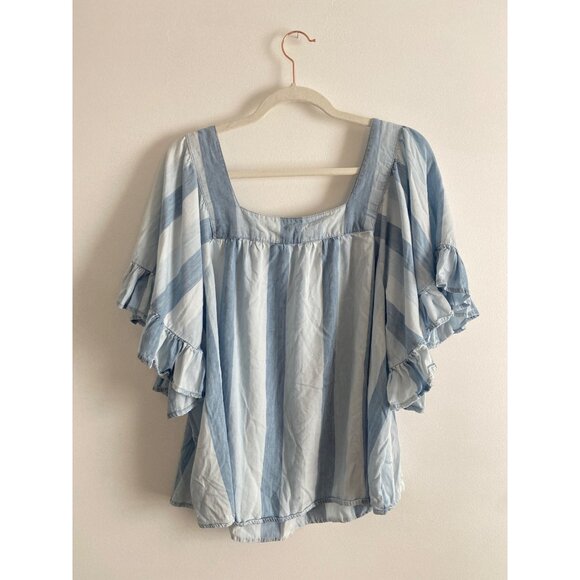 Striped Blue & White Flutter Sleeve Square Neck Top Size 18/20W by Cato - Picture 2 of 6